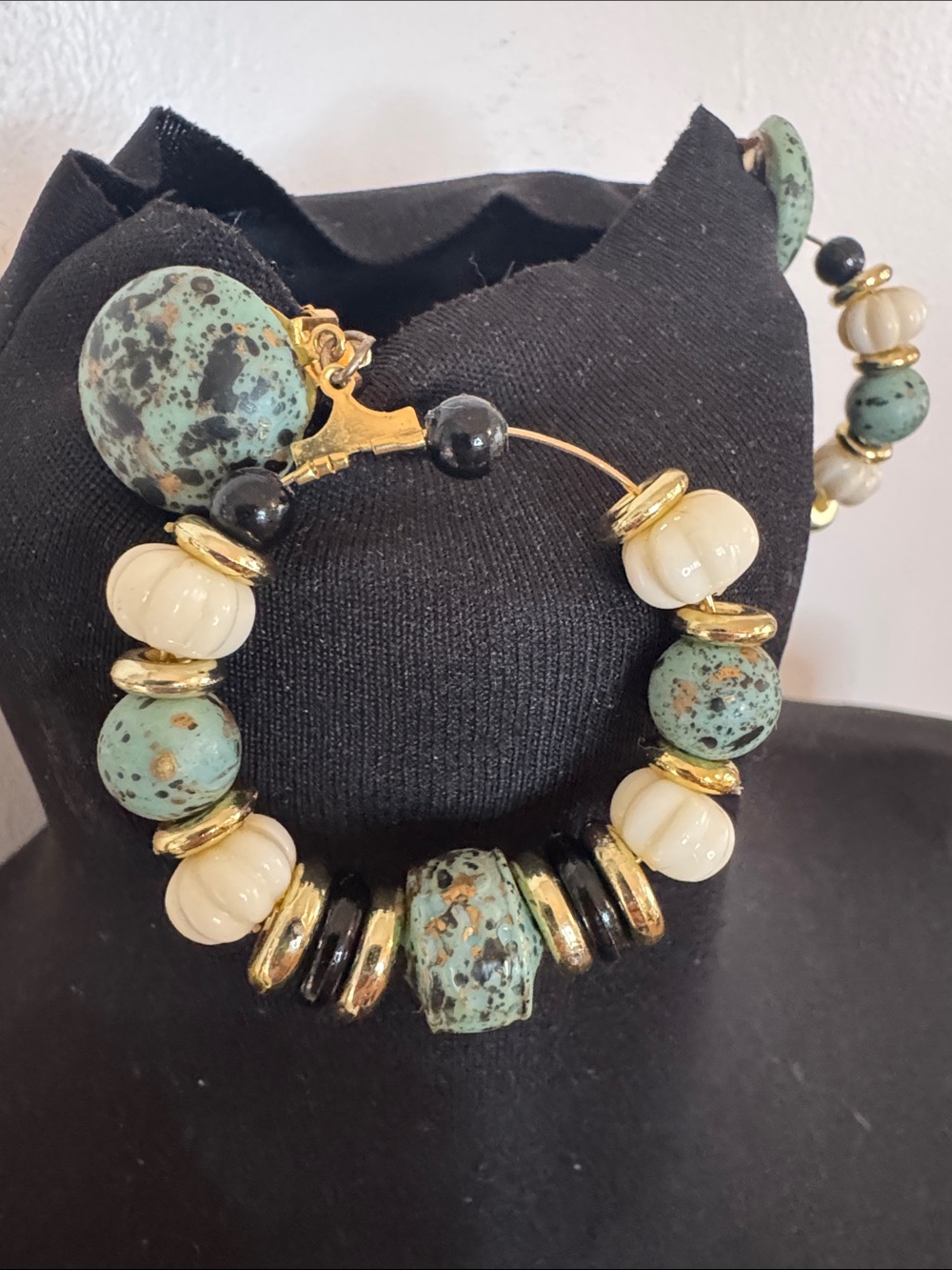 Vintage Gold Hoop Earrings with Speckled Green and Cream Beads